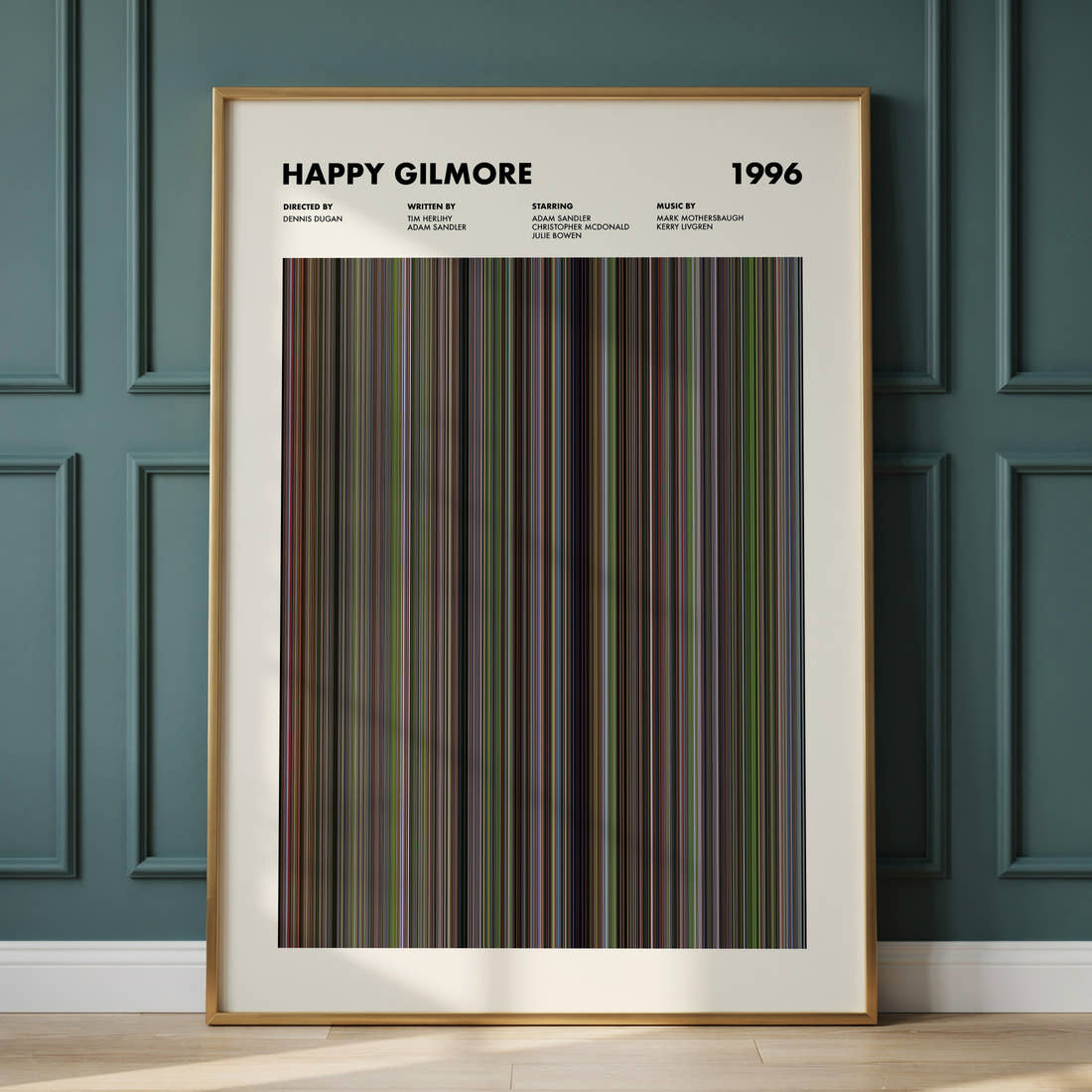 Happy Gilmore Movie Barcode Poster framed and leaning against a panelled wall