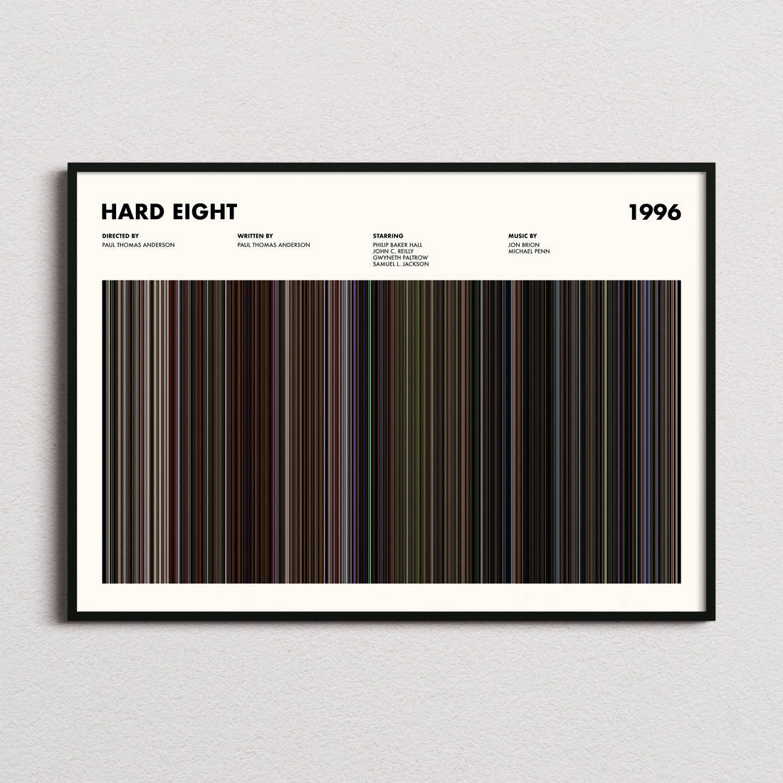 Hard Eight Movie Barcode Poster framed and photographed straight on