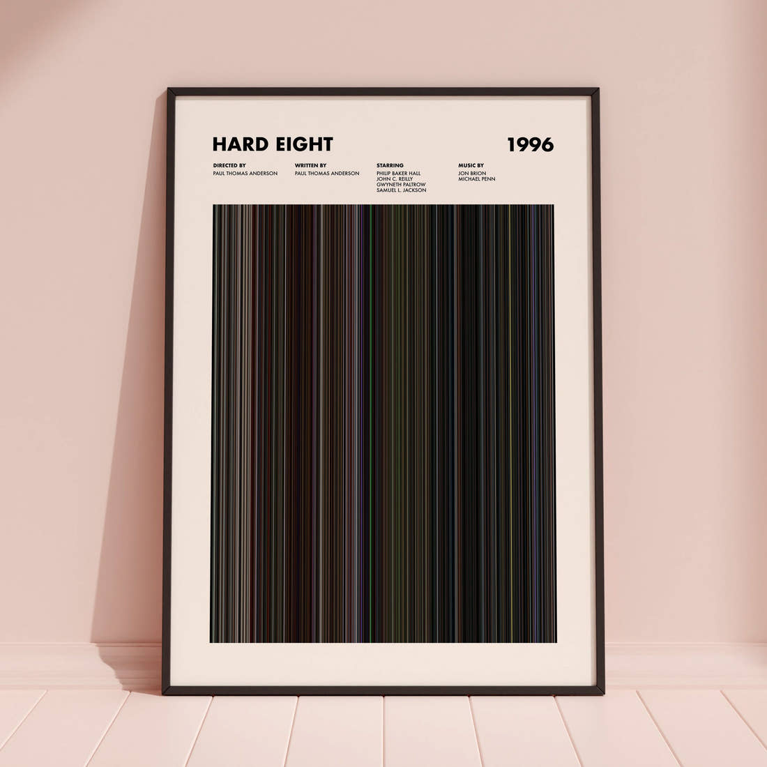 Hard Eight Movie Barcode Poster framed and leaning against a coloured wall