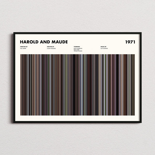 Harold and Maude Movie Barcode Poster framed and photographed straight on