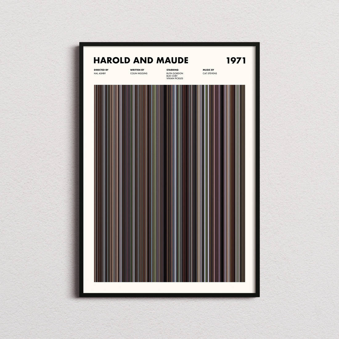Harold and Maude Movie Barcode Poster framed on a plain studio wall