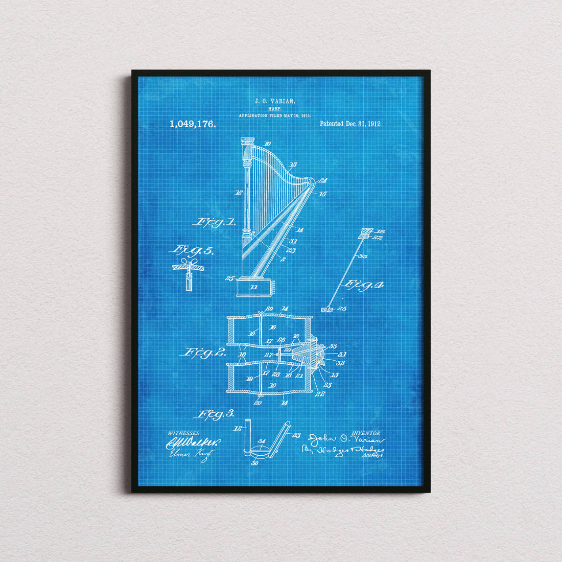 Harp Patent Print in the blueprint colourway, framed