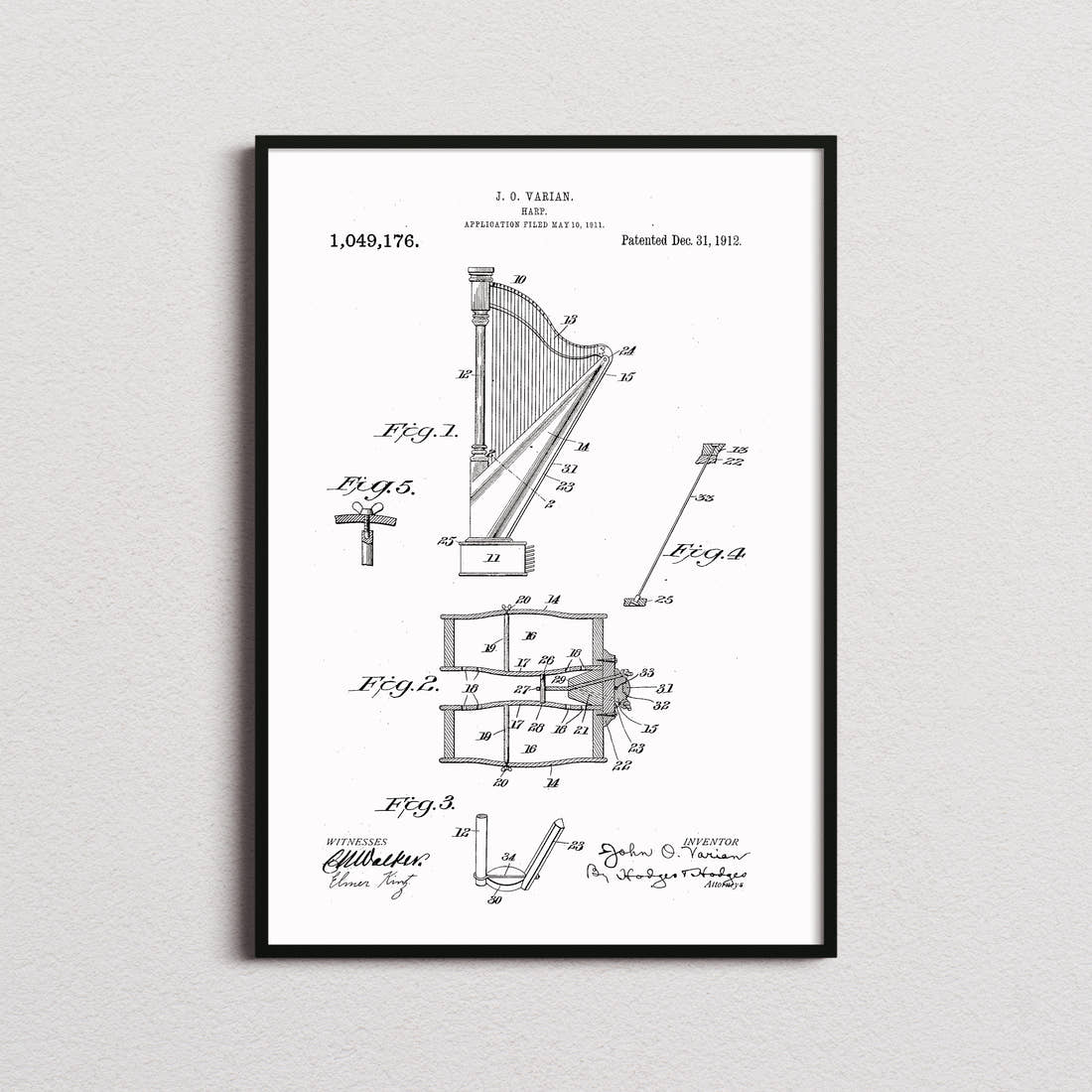 Harp Patent Print in the white colourway, framed