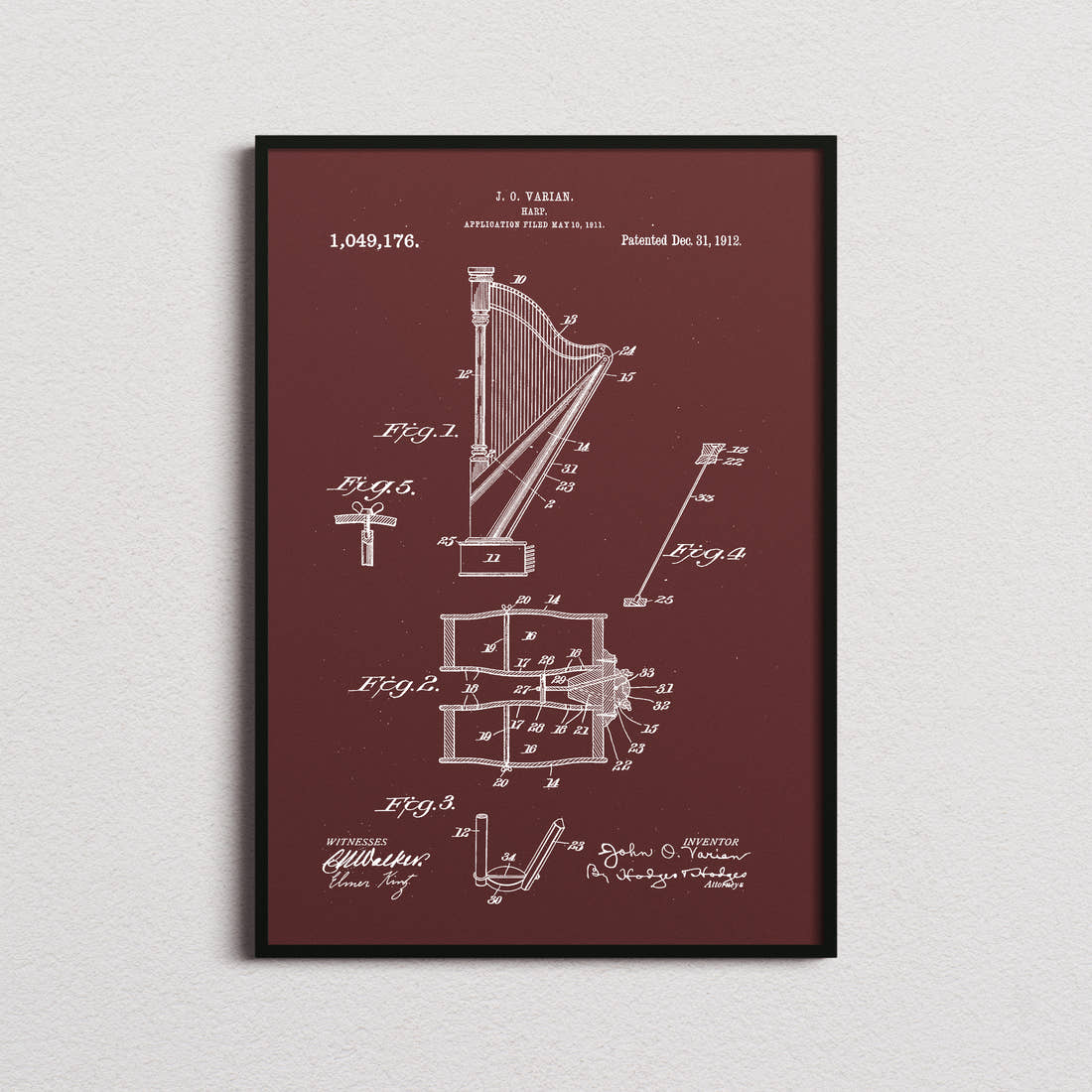 Harp Patent Print in the burgundy colourway, framed