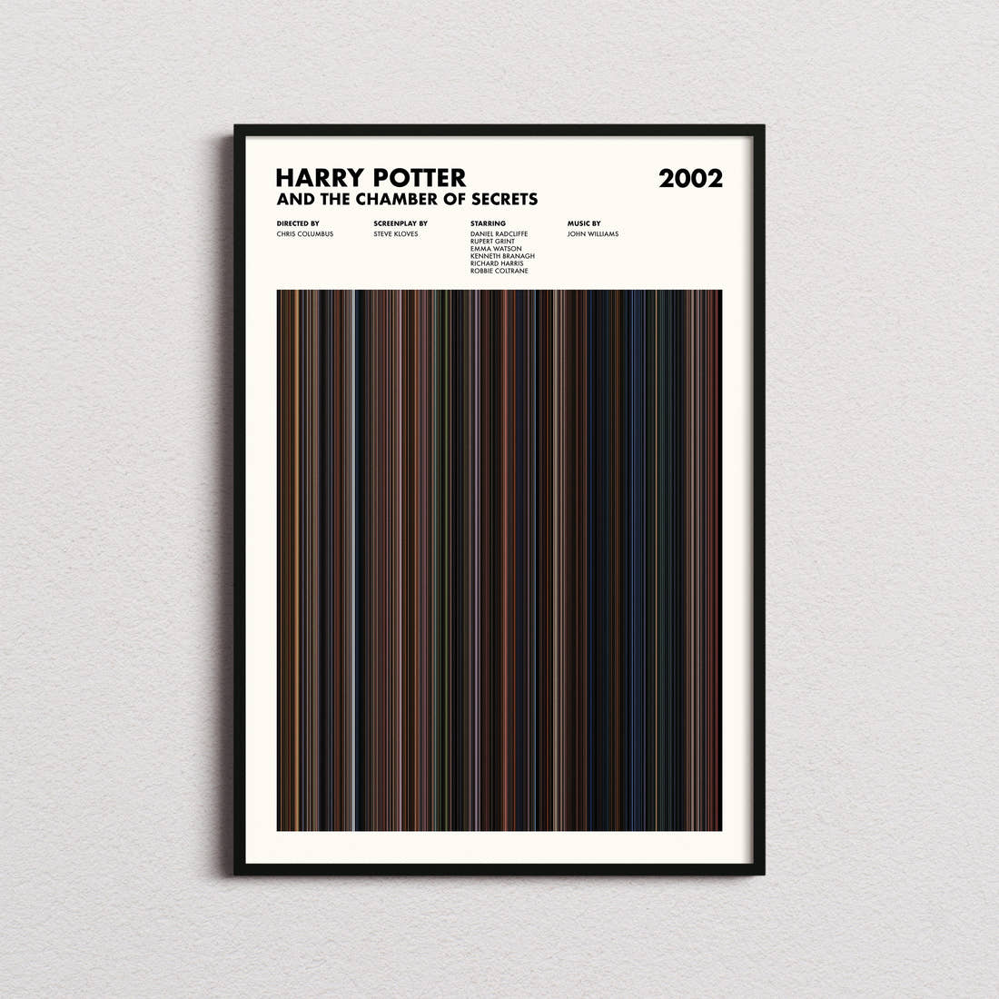Harry Potter and the Chamber of Secrets Movie Barcode Poster framed on a plain studio wall