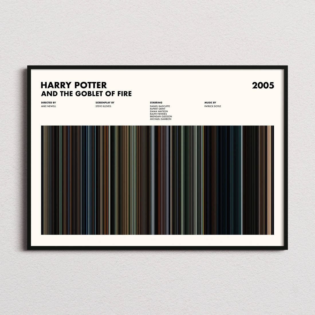 Harry Potter and the Goblet of Fire Movie Barcode Poster framed and photographed straight on