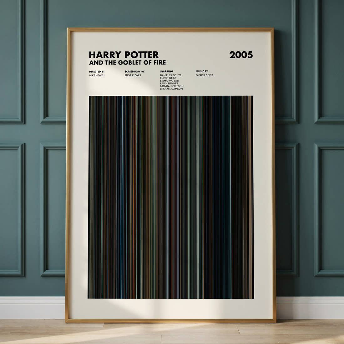 Harry Potter and the Goblet of Fire Movie Barcode Poster framed and leaning against a panelled wall