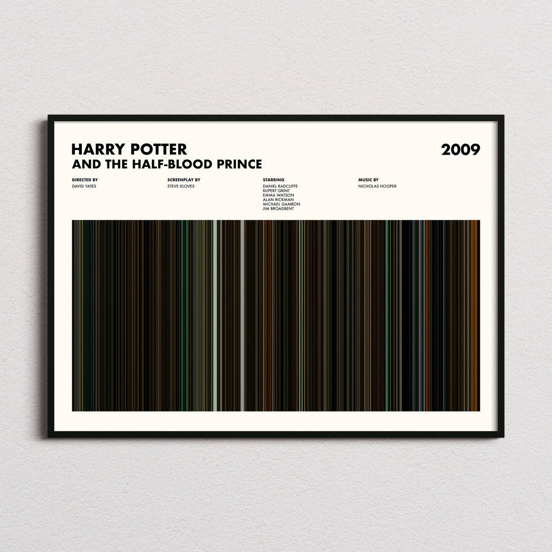 Harry Potter and the Half-Blood Prince Movie Barcode Poster framed and photographed straight on