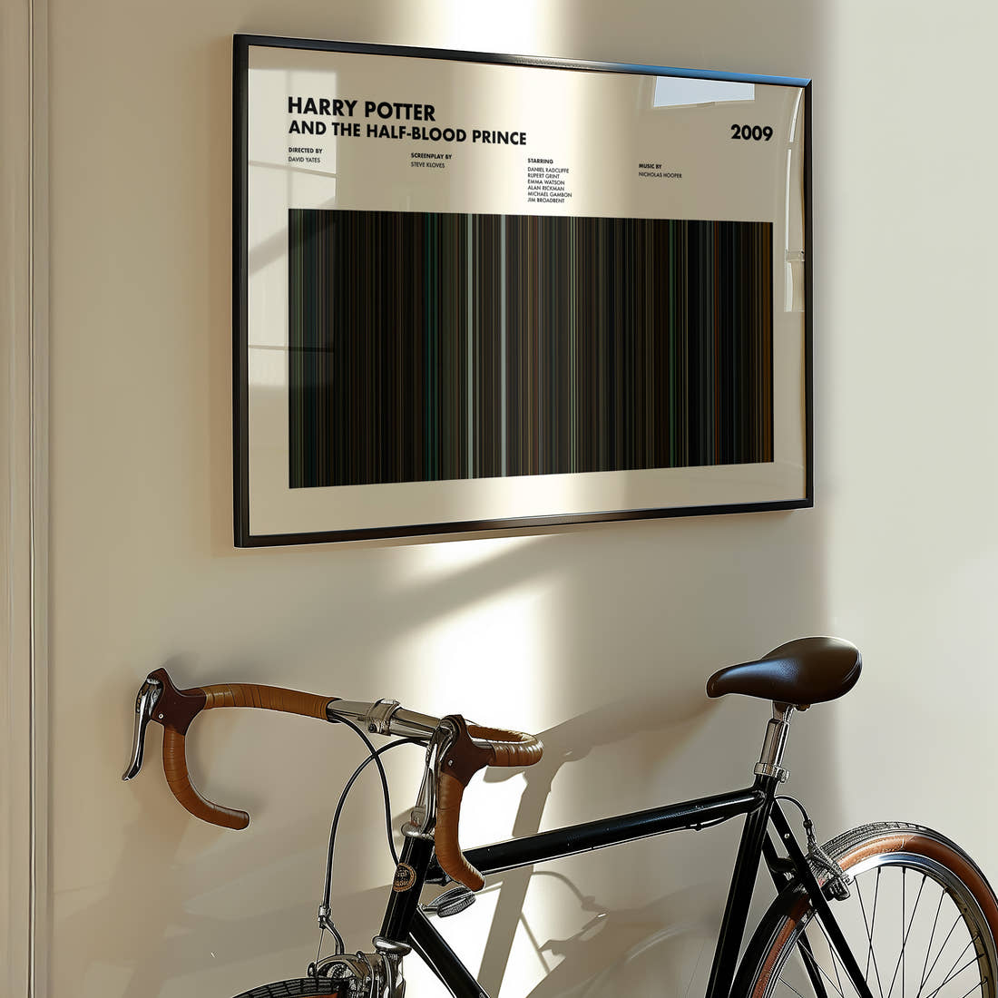 Harry Potter and the Half-Blood Prince Movie Barcode Poster framed on the wall of a styled room setting