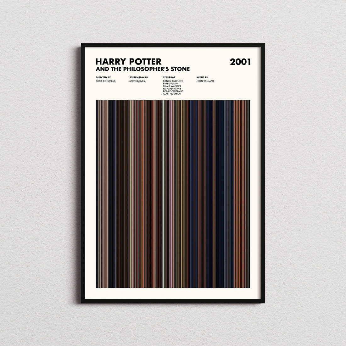 Harry Potter and the Philosopher's Stone Movie Barcode Poster framed on a plain studio wall