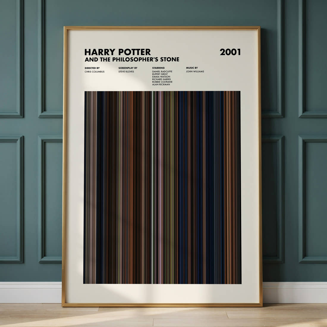 Harry Potter and the Philosopher's Stone Movie Barcode Poster framed and leaning against a panelled wall