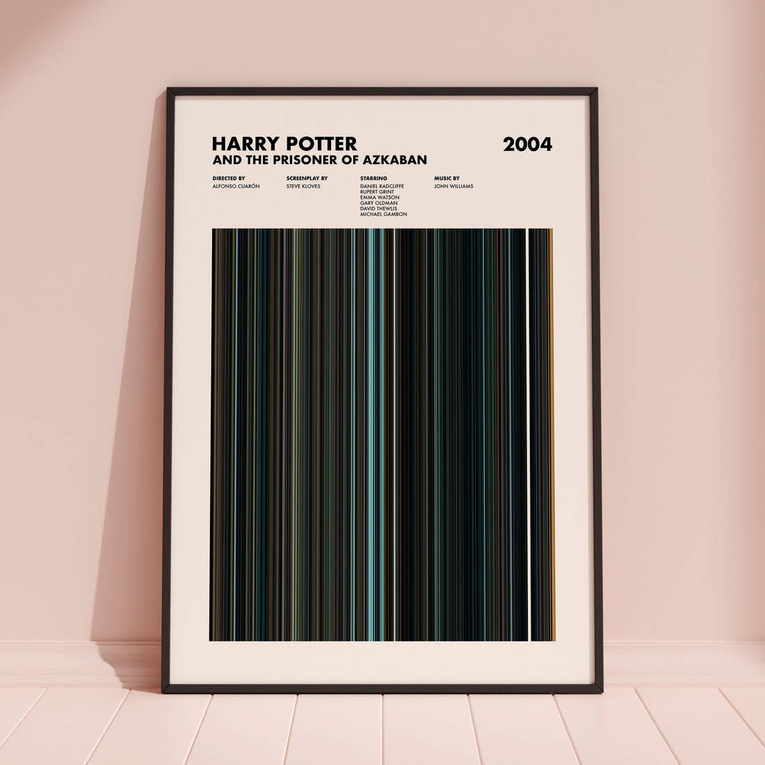Harry Potter and the Prisoner of Azkaban Movie Barcode Poster framed and leaning against a coloured wall