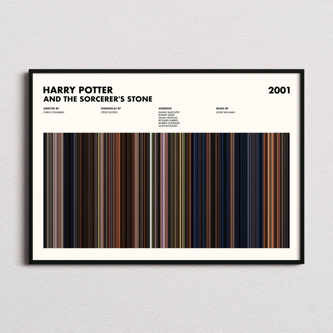 Harry Potter and the Sorcerer's Stone Movie Barcode Poster framed and photographed straight on