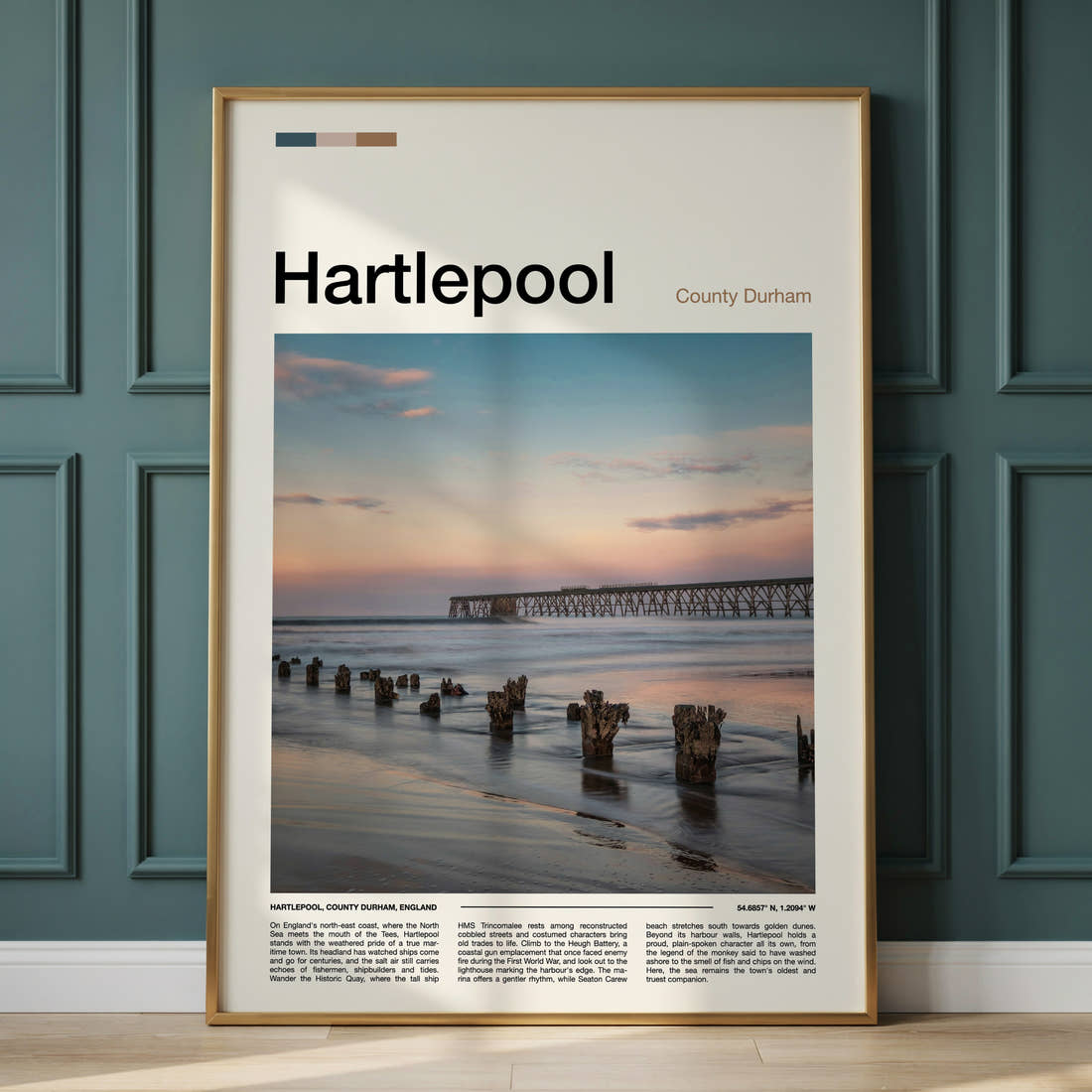 Hartlepool Pier At Dusk Travel Print framed on the wall of a calm, neutral bedroom
