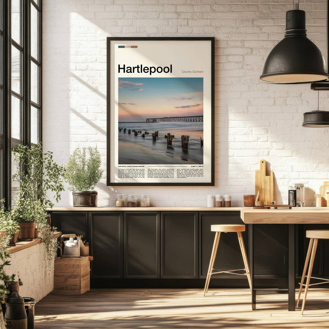 Hartlepool Pier At Dusk Travel Print framed on the wall of a bright kitchen and dining space