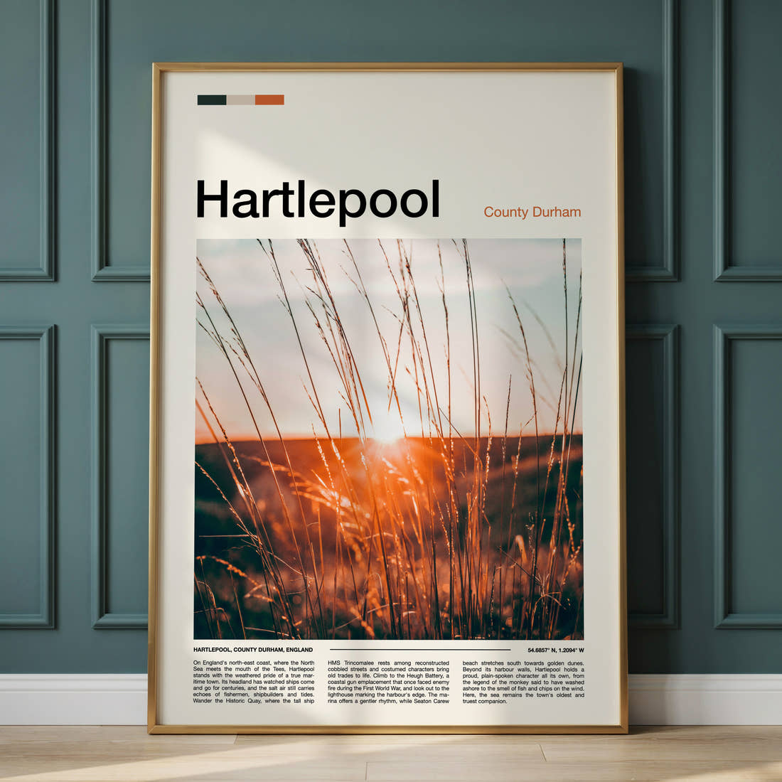Hartlepool Golden Grass Sunset Travel Print framed on the wall of a calm, neutral bedroom
