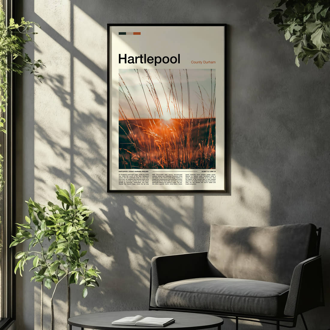 Hartlepool Golden Grass Sunset Travel Print framed on the wall of a relaxed living room