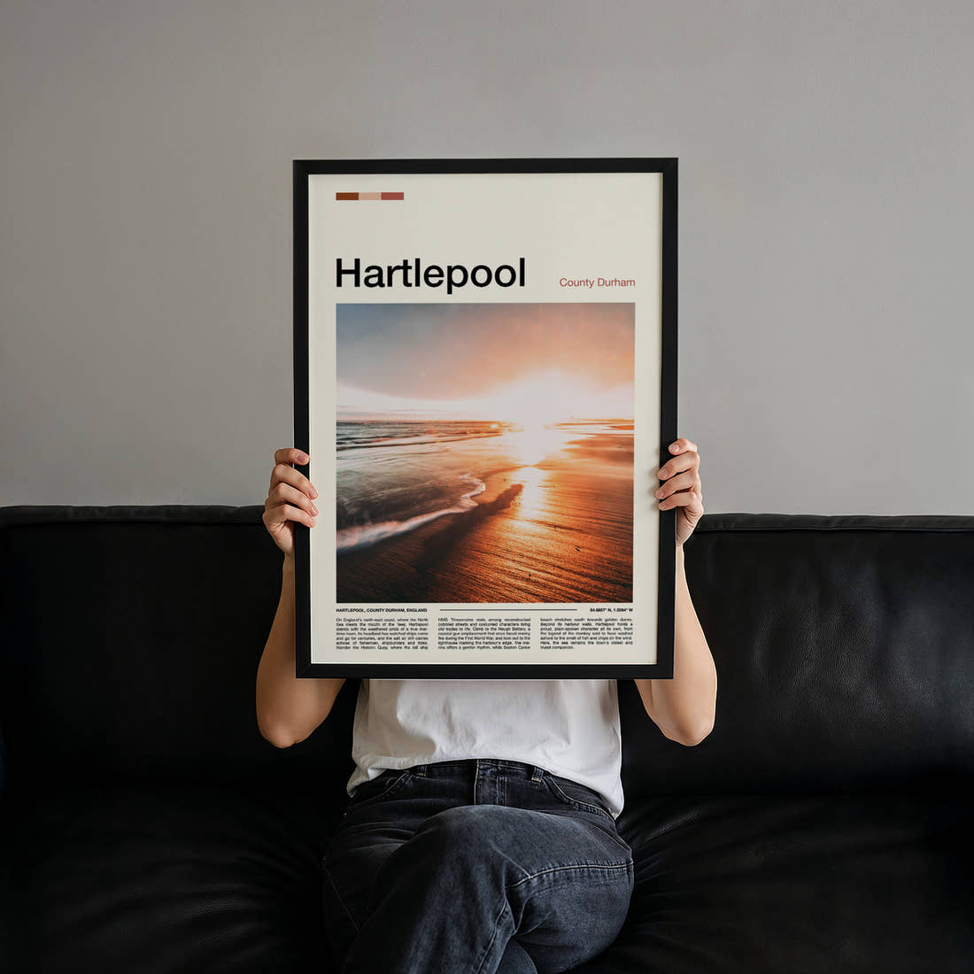 Hartlepool Golden Sunset Shoreline Travel Print held up by hand to show the size of the print