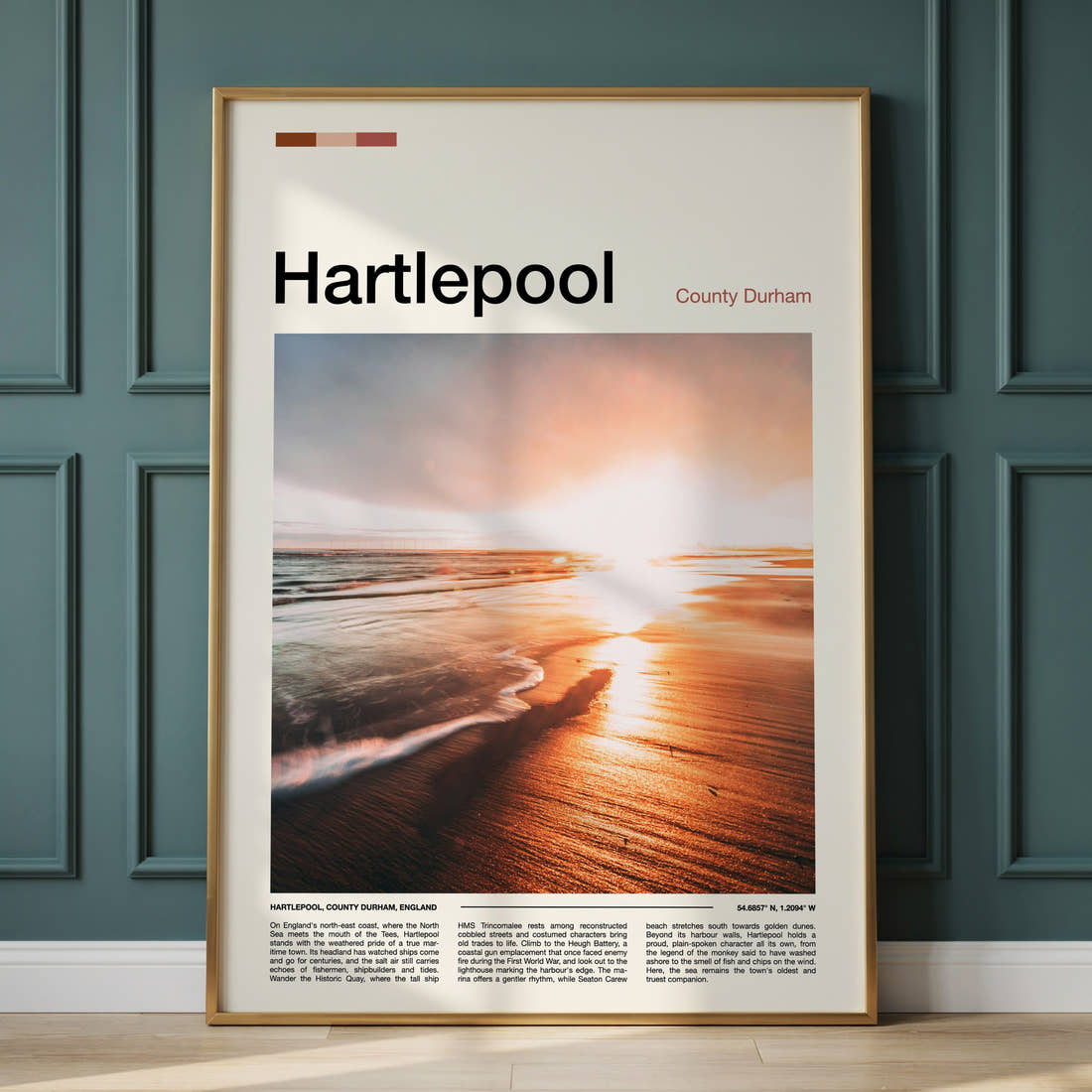 Hartlepool Golden Sunset Shoreline Travel Print framed on the wall of a calm, neutral bedroom