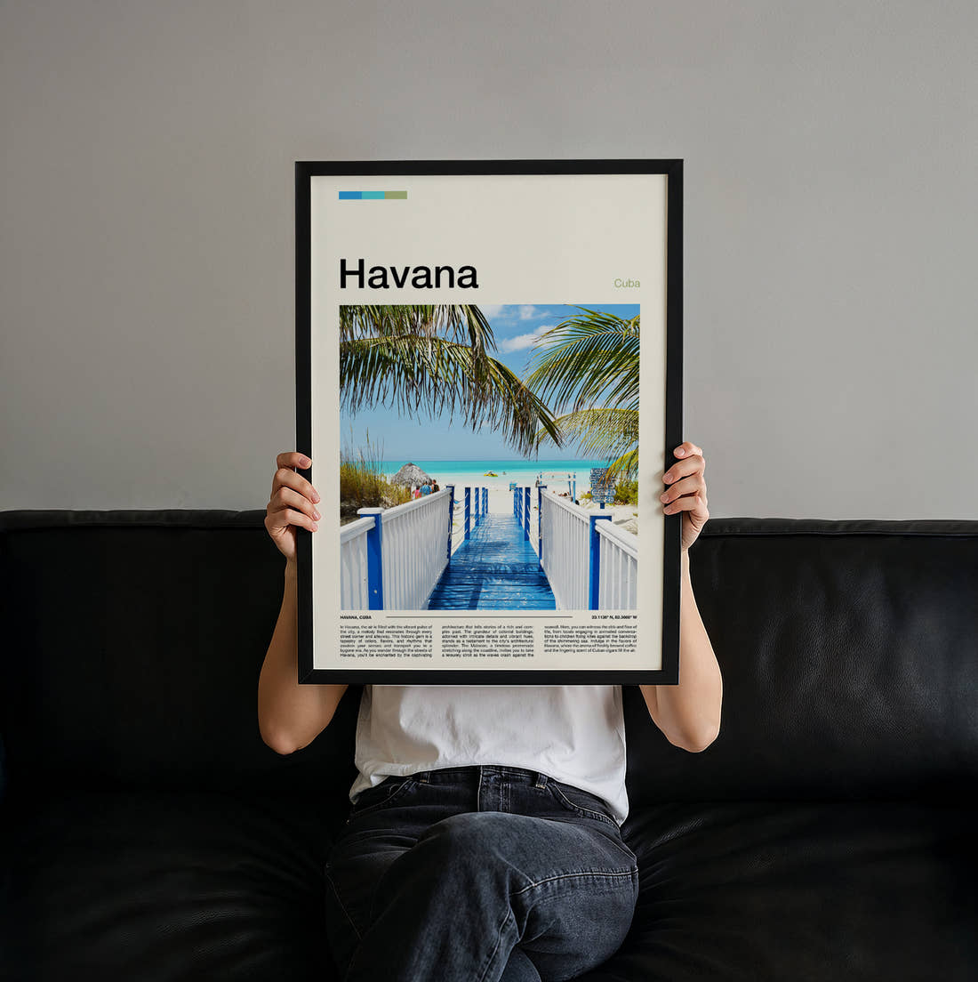 Havana Blue Jetty To The Sea Travel Print held up by hand to show the size of the print