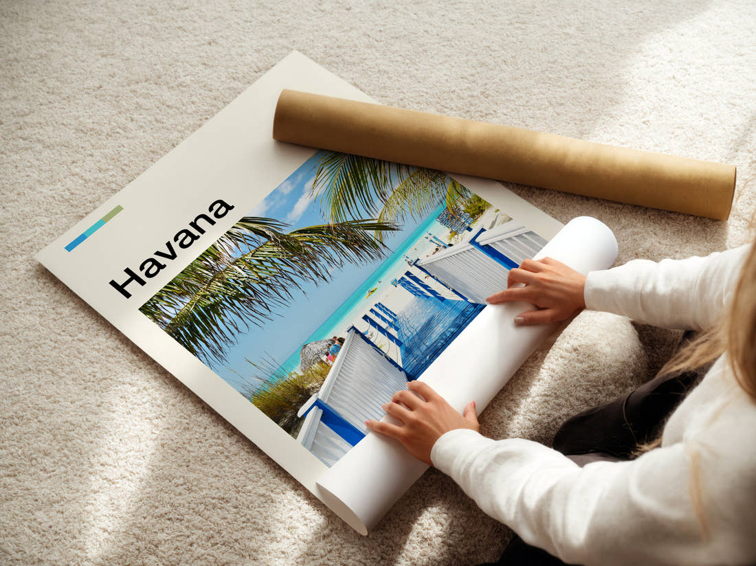 Havana Blue Jetty To The Sea Travel Print being unrolled from its postal tube