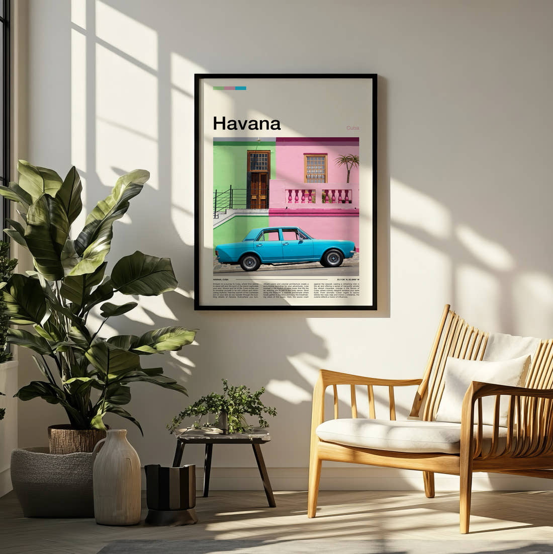 Havana Vintage Blue Car Travel Print framed on a pale wall beside houseplants