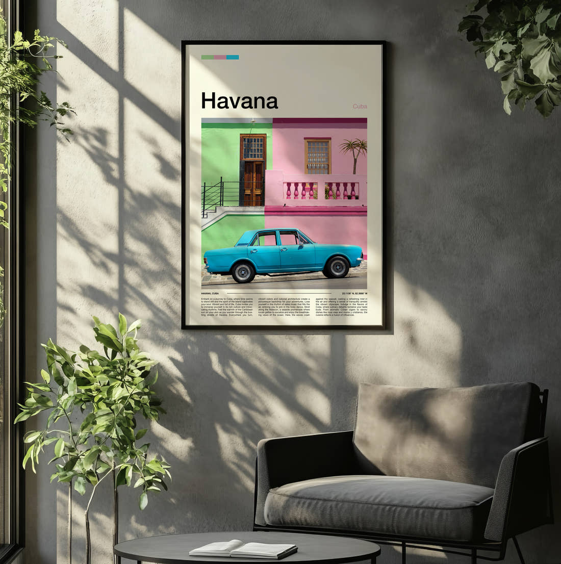 Havana Vintage Blue Car Travel Print framed on the wall of a relaxed living room