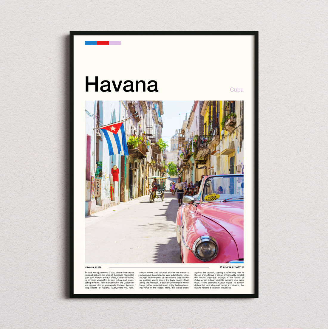 Havana Pink Vintage Car Travel Print framed and photographed straight on