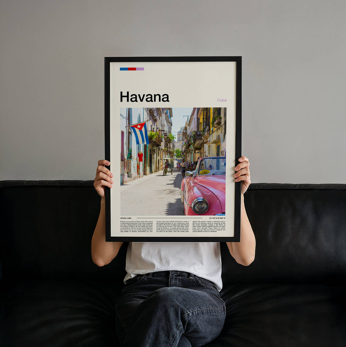 Havana Pink Vintage Car Travel Print held up by hand to show the size of the print