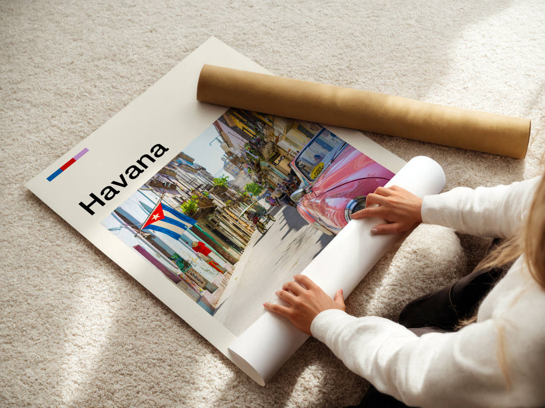Havana Pink Vintage Car Travel Print being unrolled from its postal tube
