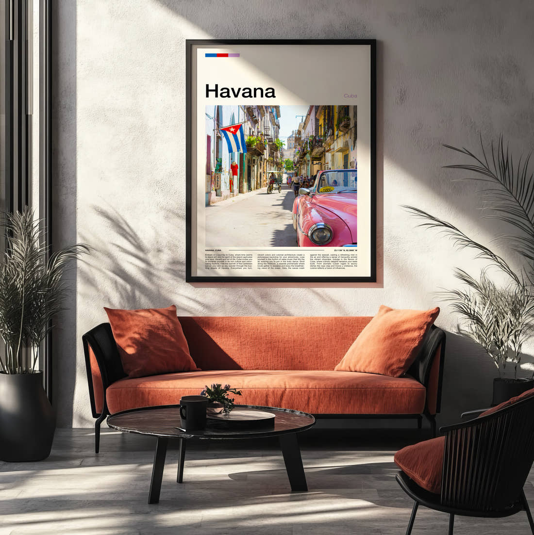 Havana Pink Vintage Car Travel Print framed on the wall of a modern living room