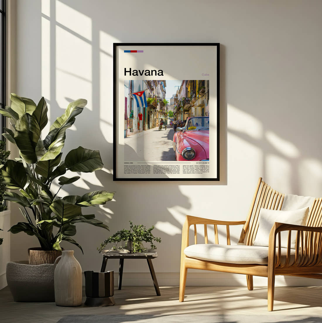 Havana Pink Vintage Car Travel Print framed on a pale wall beside houseplants
