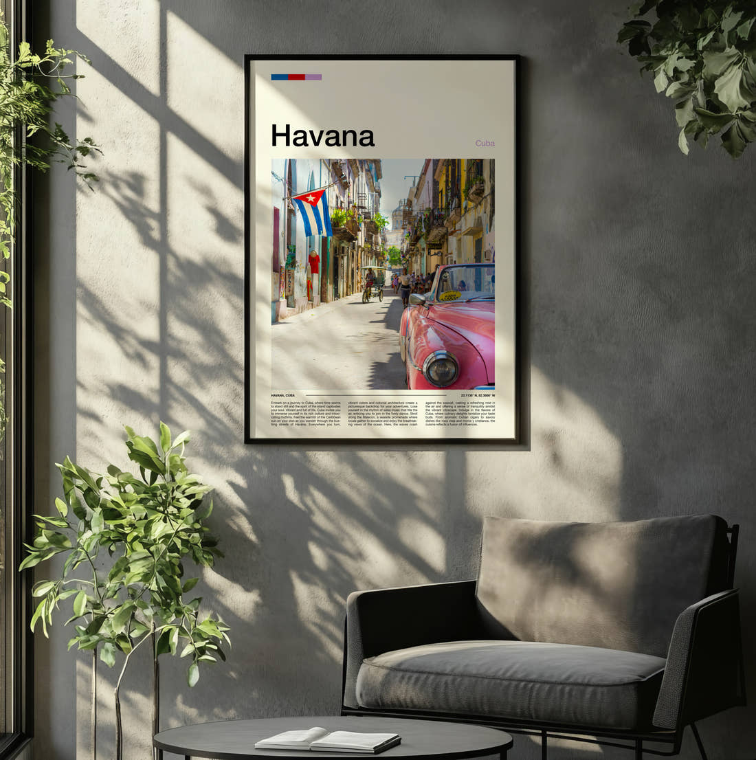 Havana Pink Vintage Car Travel Print framed on the wall of a relaxed living room
