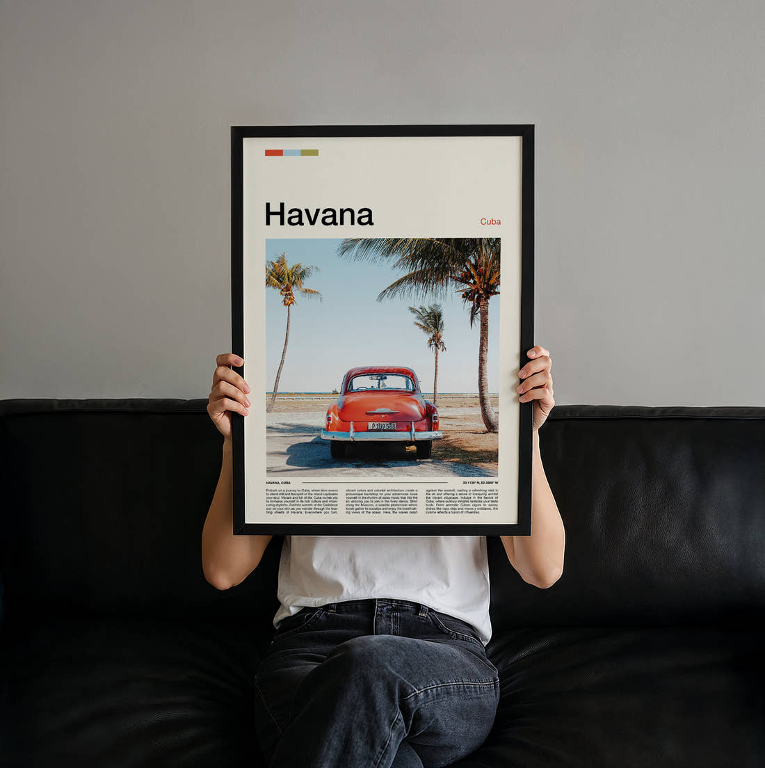 Havana Red Vintage Car Travel Print held up by hand to show the size of the print