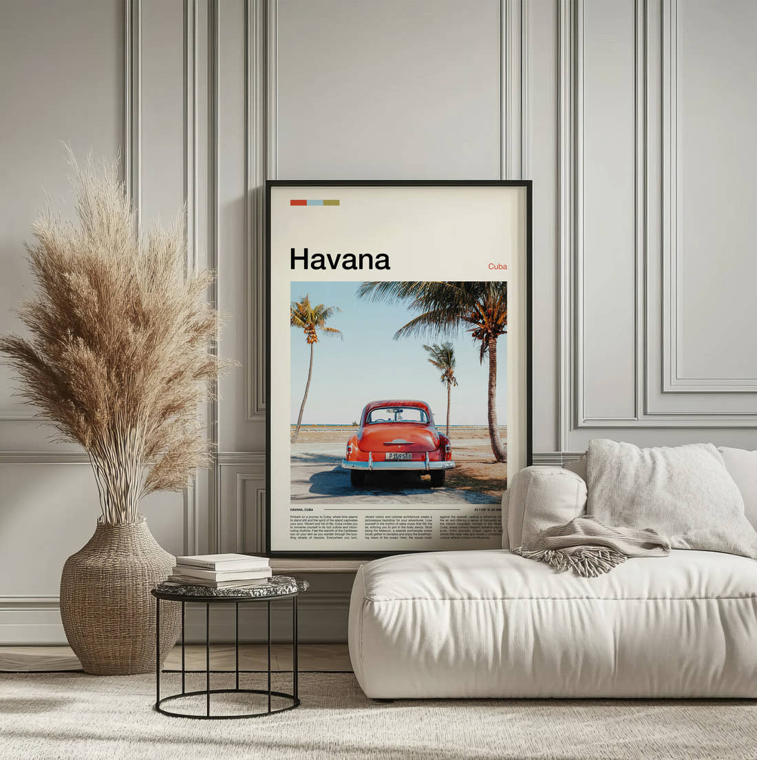 Havana Red Vintage Car Travel Print framed on the wall of a calm, neutral bedroom