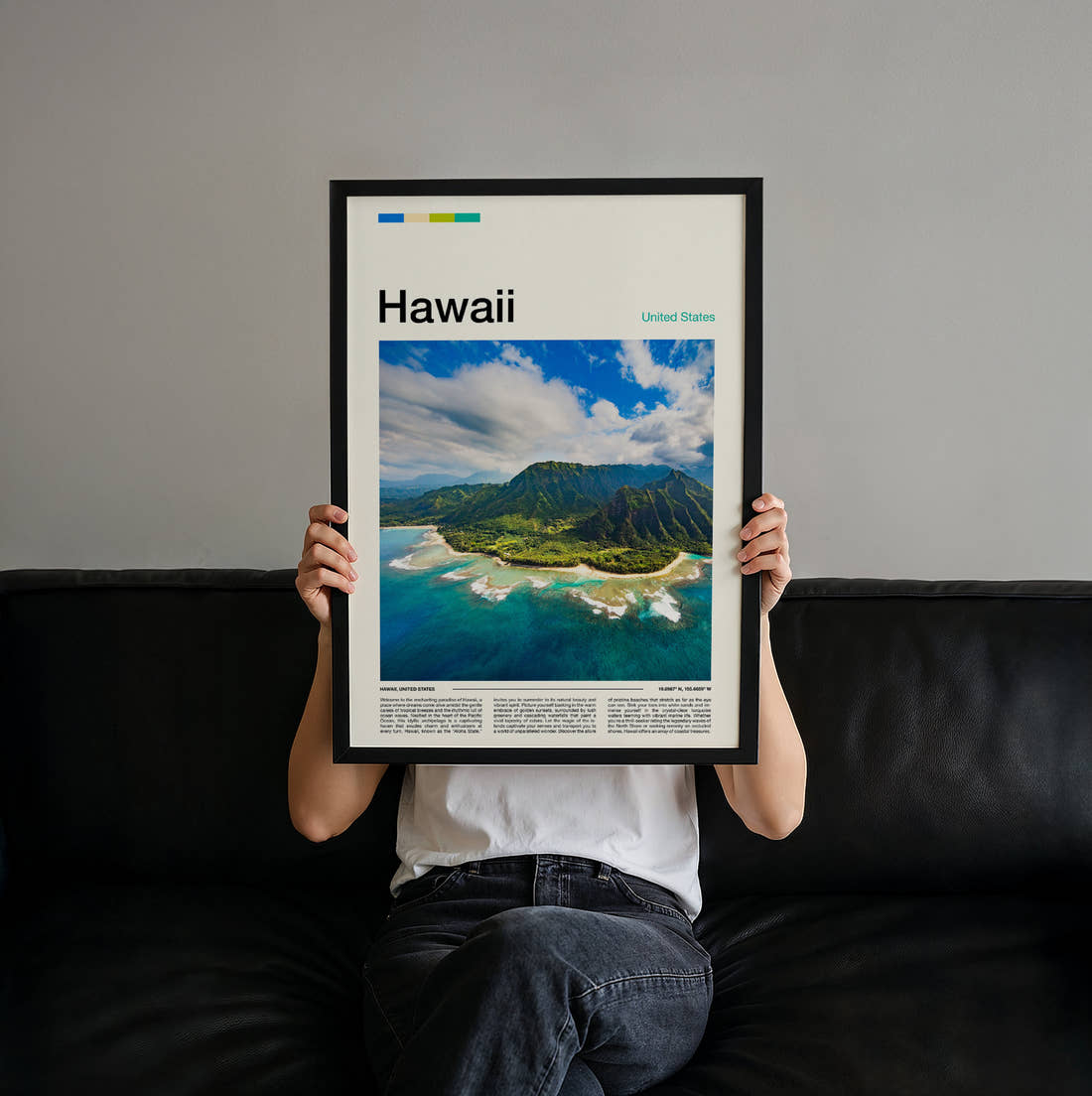 Hawaii Aerial View Of The Coastline Travel Print held up by hand to show the size of the print