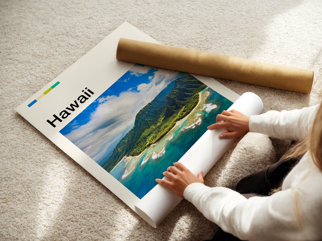Hawaii Aerial View Of The Coastline Travel Print being unrolled from its postal tube