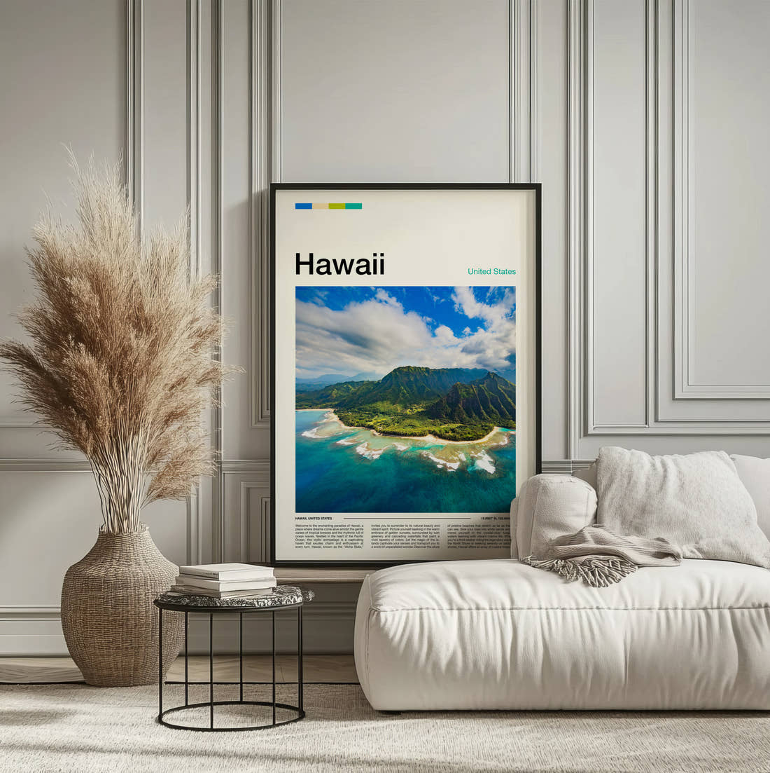 Hawaii Aerial View Of The Coastline Travel Print framed on the wall of a calm, neutral bedroom