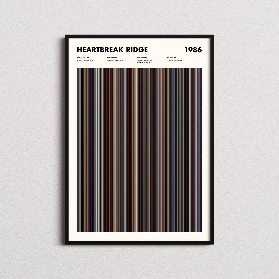 Heartbreak Ridge Movie Barcode Poster framed on a plain studio wall