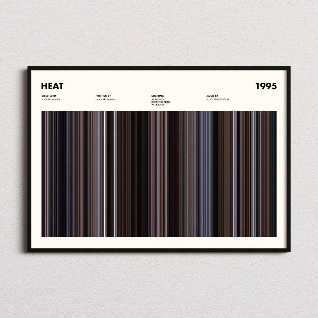 Heat Movie Barcode Poster framed and photographed straight on