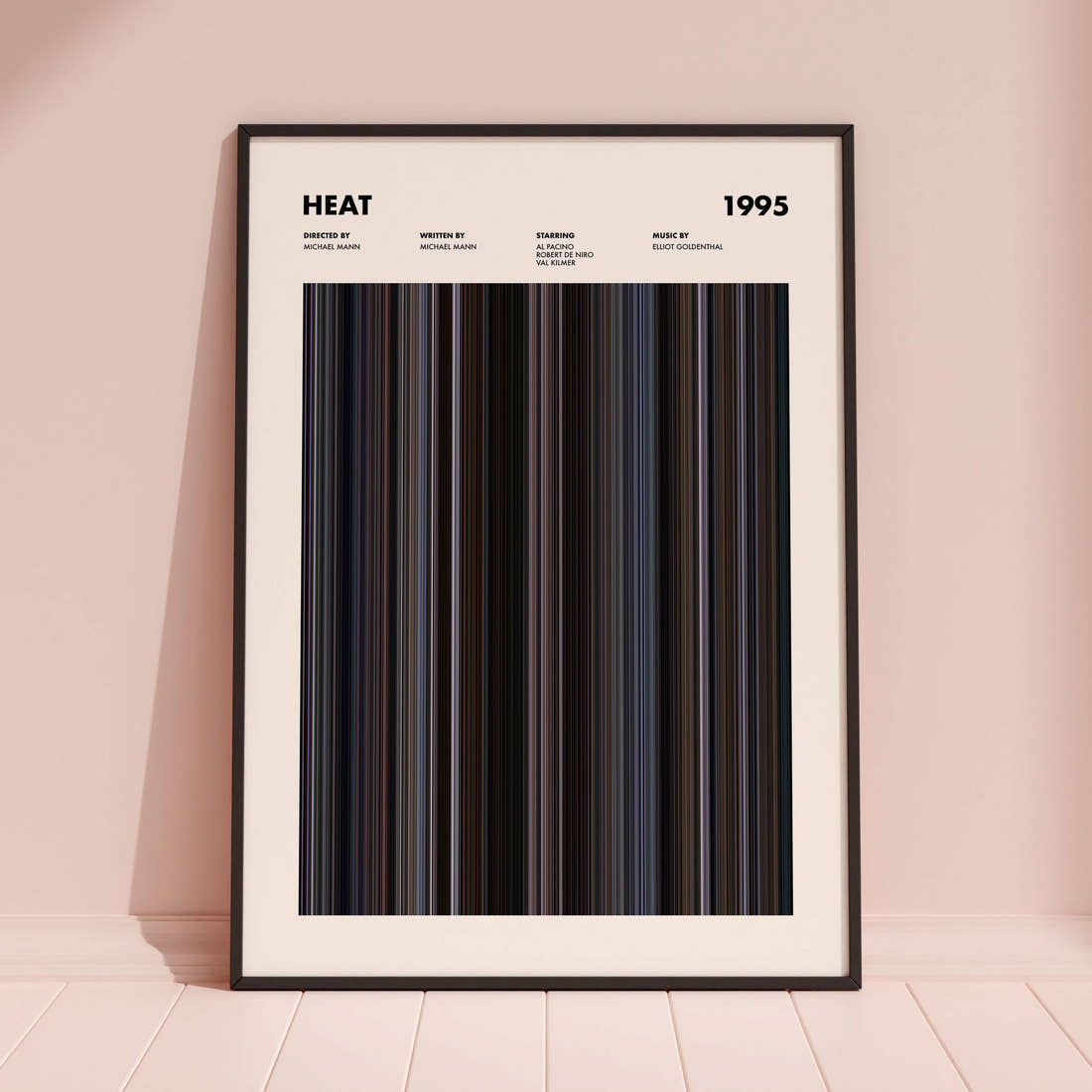 Heat Movie Barcode Poster framed and leaning against a coloured wall