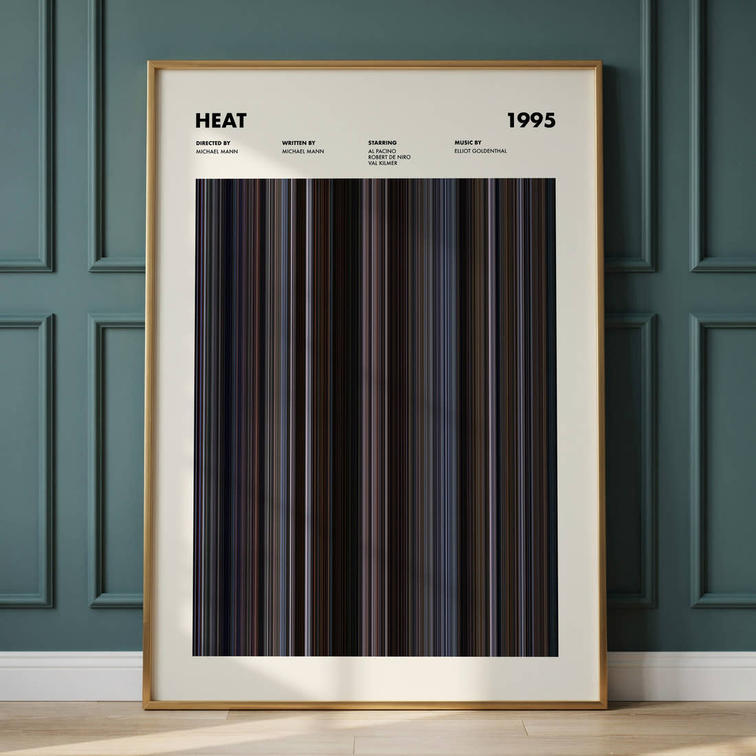 Heat Movie Barcode Poster framed and leaning against a panelled wall
