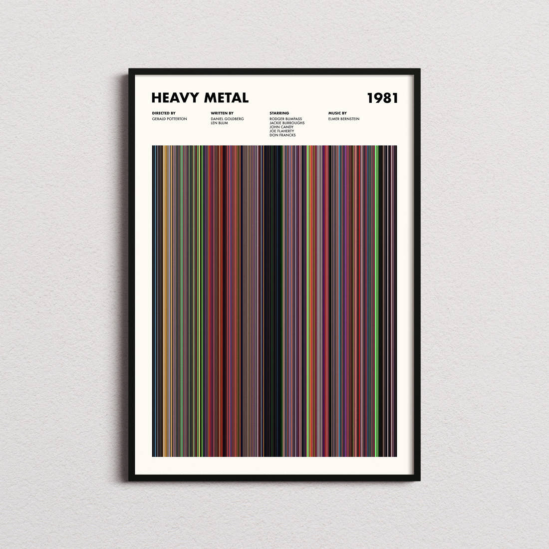Heavy Metal Movie Barcode Poster framed on a plain studio wall