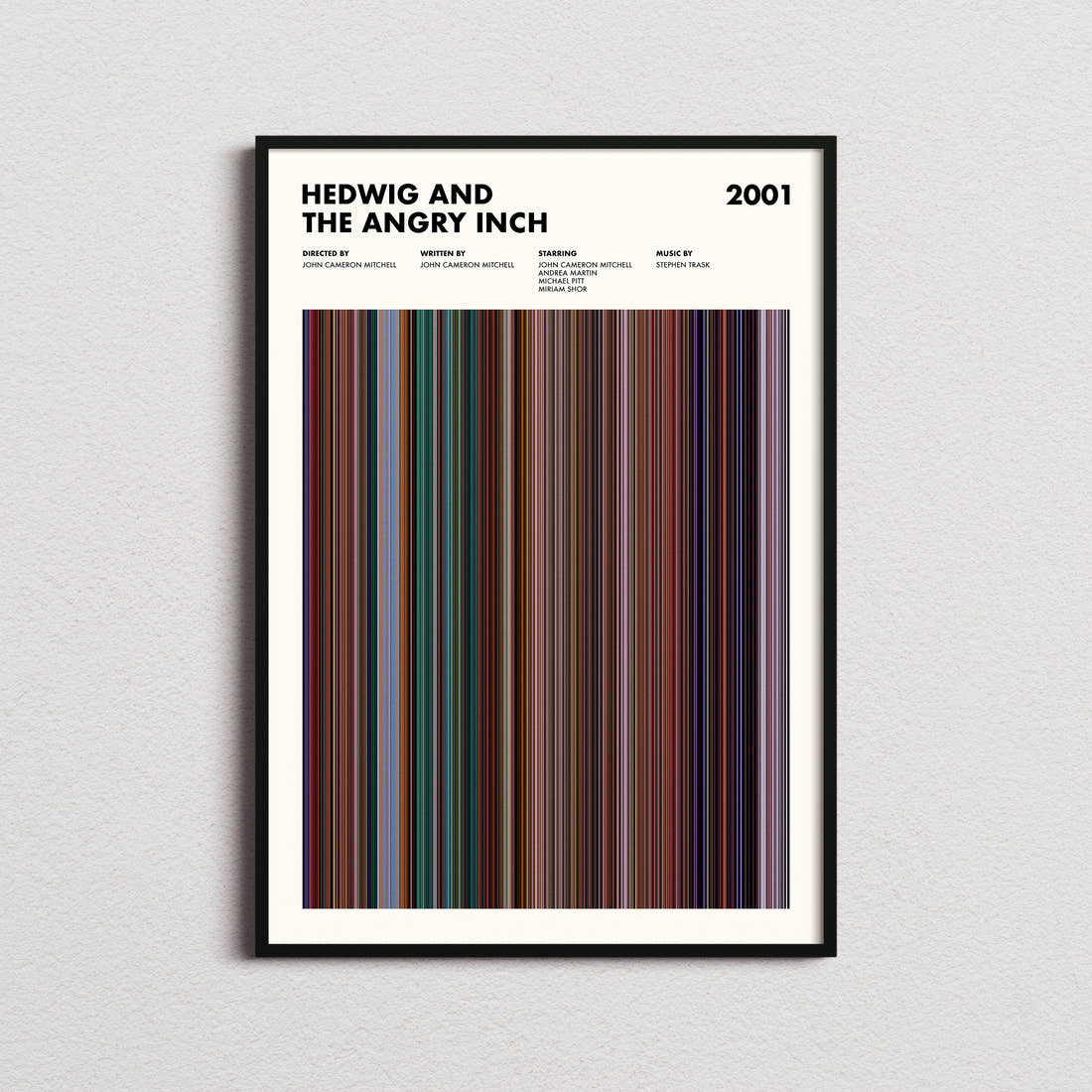 Hedwig And The Angry Inch Movie Barcode Poster framed on a plain studio wall