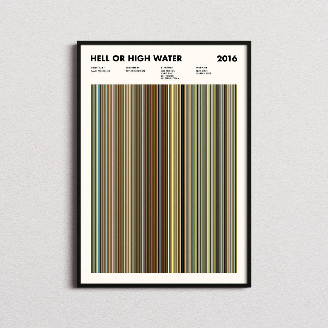 Hell or High Water Movie Barcode Poster framed on a plain studio wall