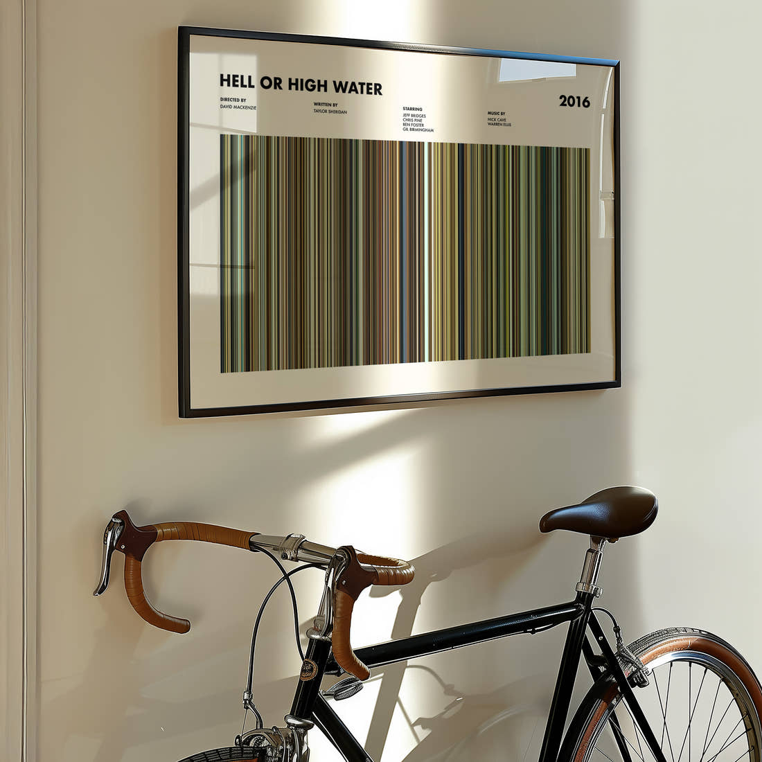 Hell or High Water Movie Barcode Poster framed on the wall of a styled room setting