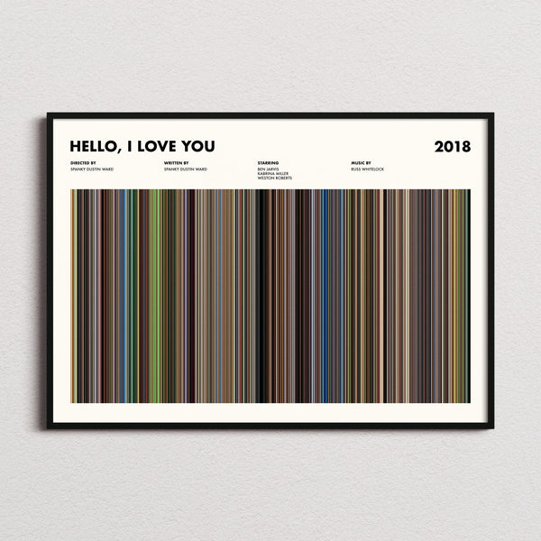Hello, I Love You Movie Barcode Poster framed and photographed straight on