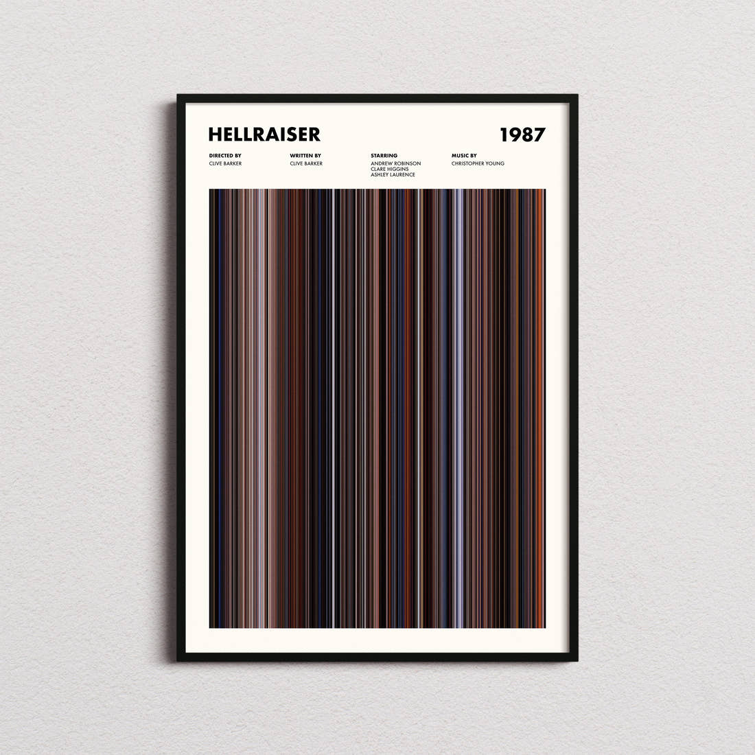 Hellraiser Movie Barcode Poster framed on a plain studio wall