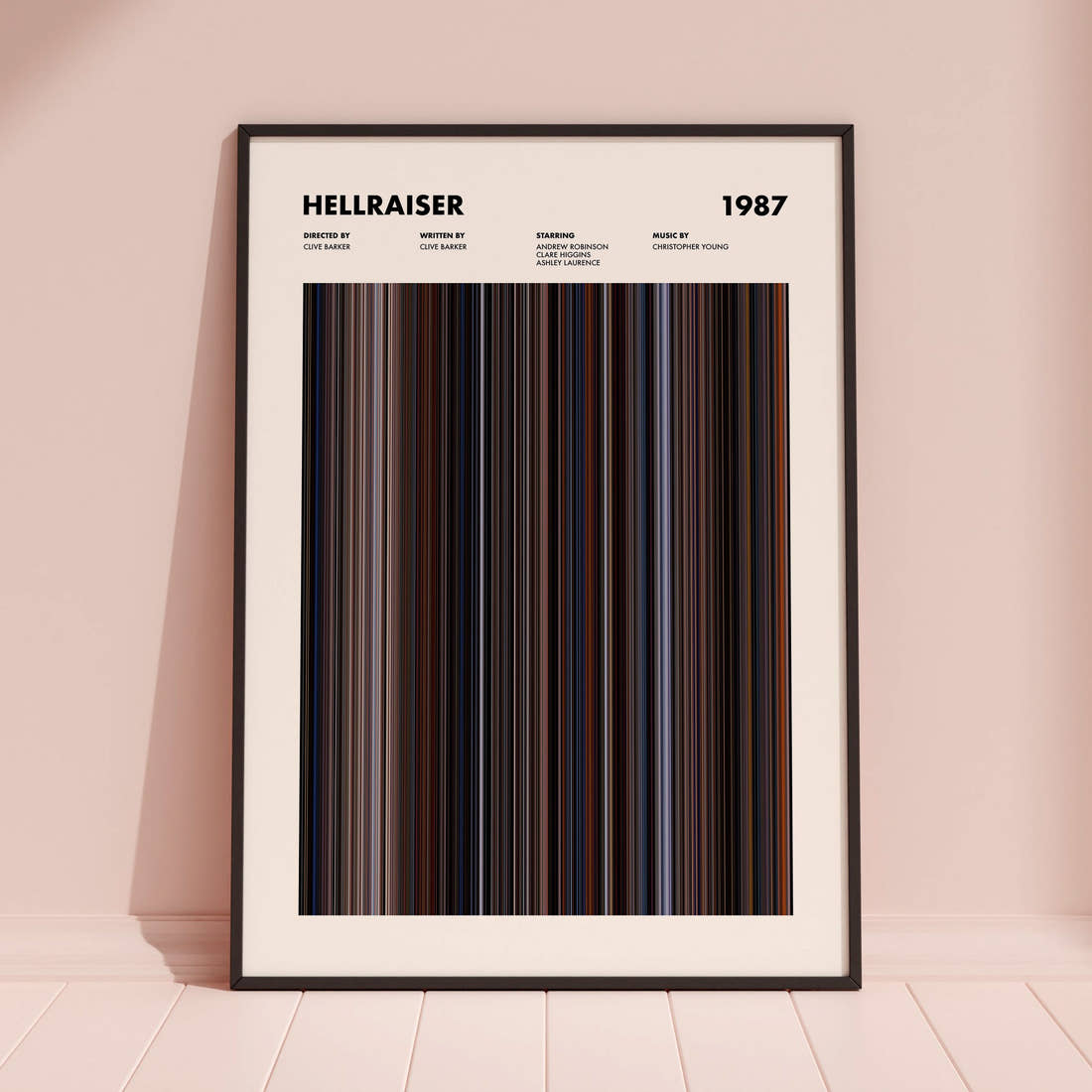 Hellraiser Movie Barcode Poster framed and leaning against a coloured wall