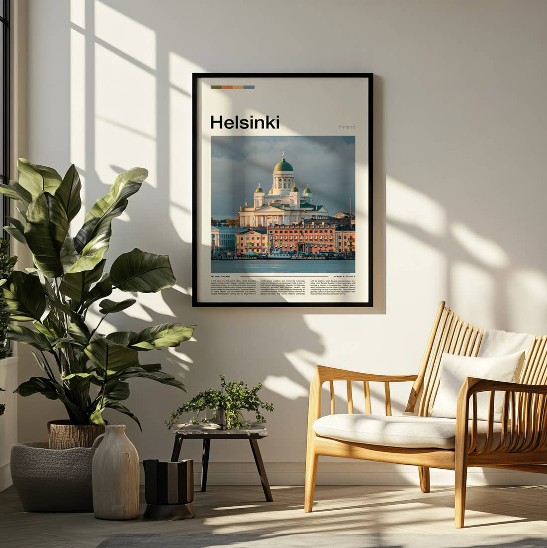 Helsinki Domed Cathedral Travel Print framed on a pale wall beside houseplants